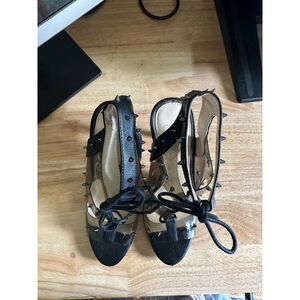 Jessica Simpson Black Studded Clear Lace Up‎ Stiletto Heels Sandals Size 7.5